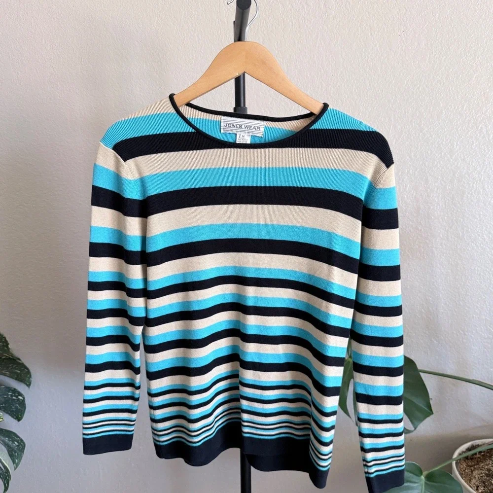 Jones Wear Womens Striped Crewneck Sweater Blue Black Tan Size Medium